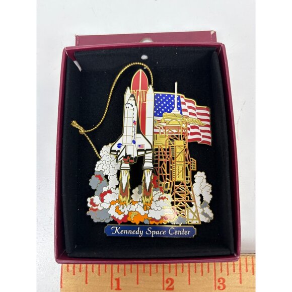 J.P. Kennedy Space Center Solid Brass Ornament With Shuttle & Flag - Picture 3 of 6
